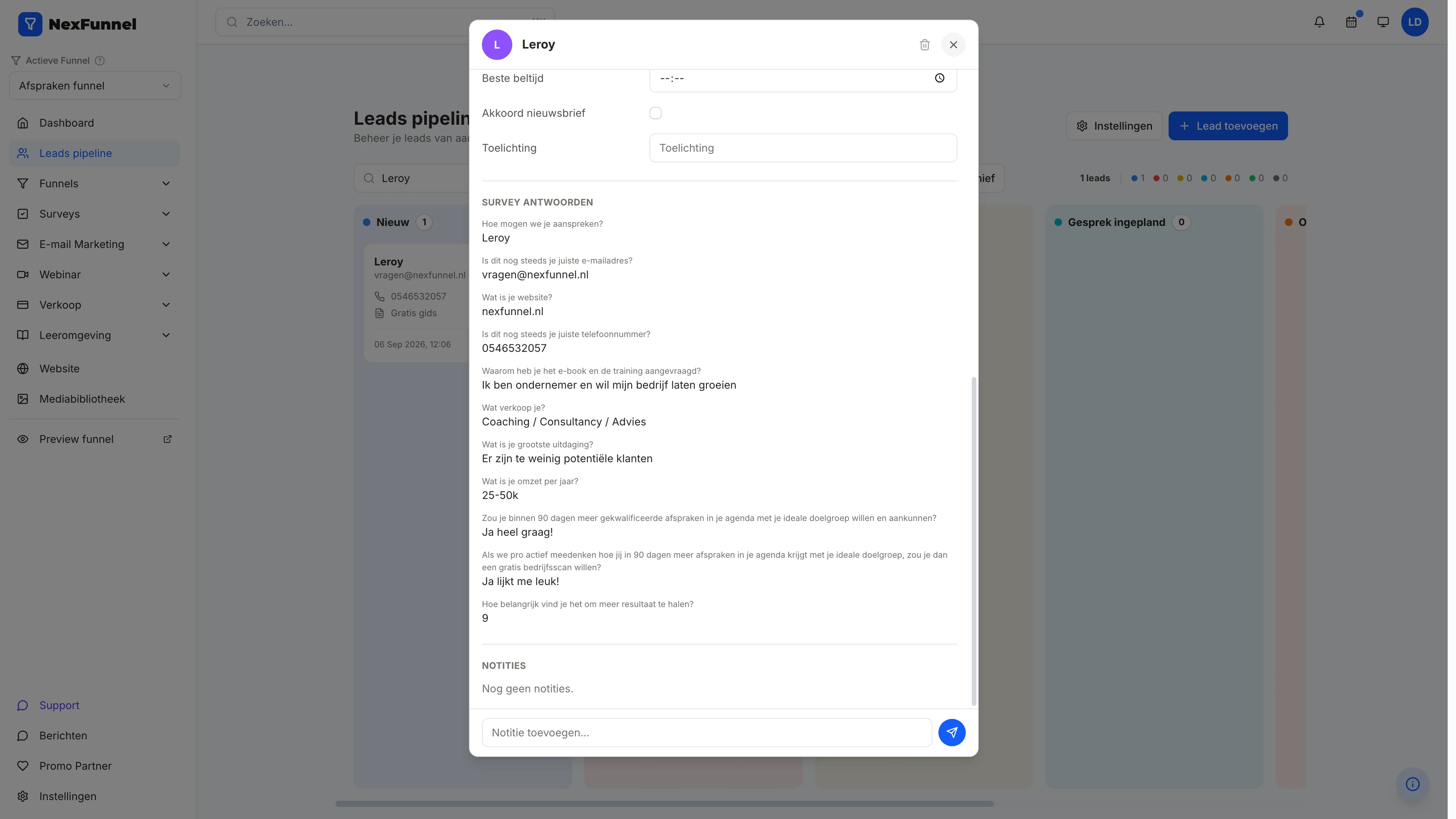 NexFunnel: de lead Leroy in het CRM met alle antwoorden uit de vragenlijst