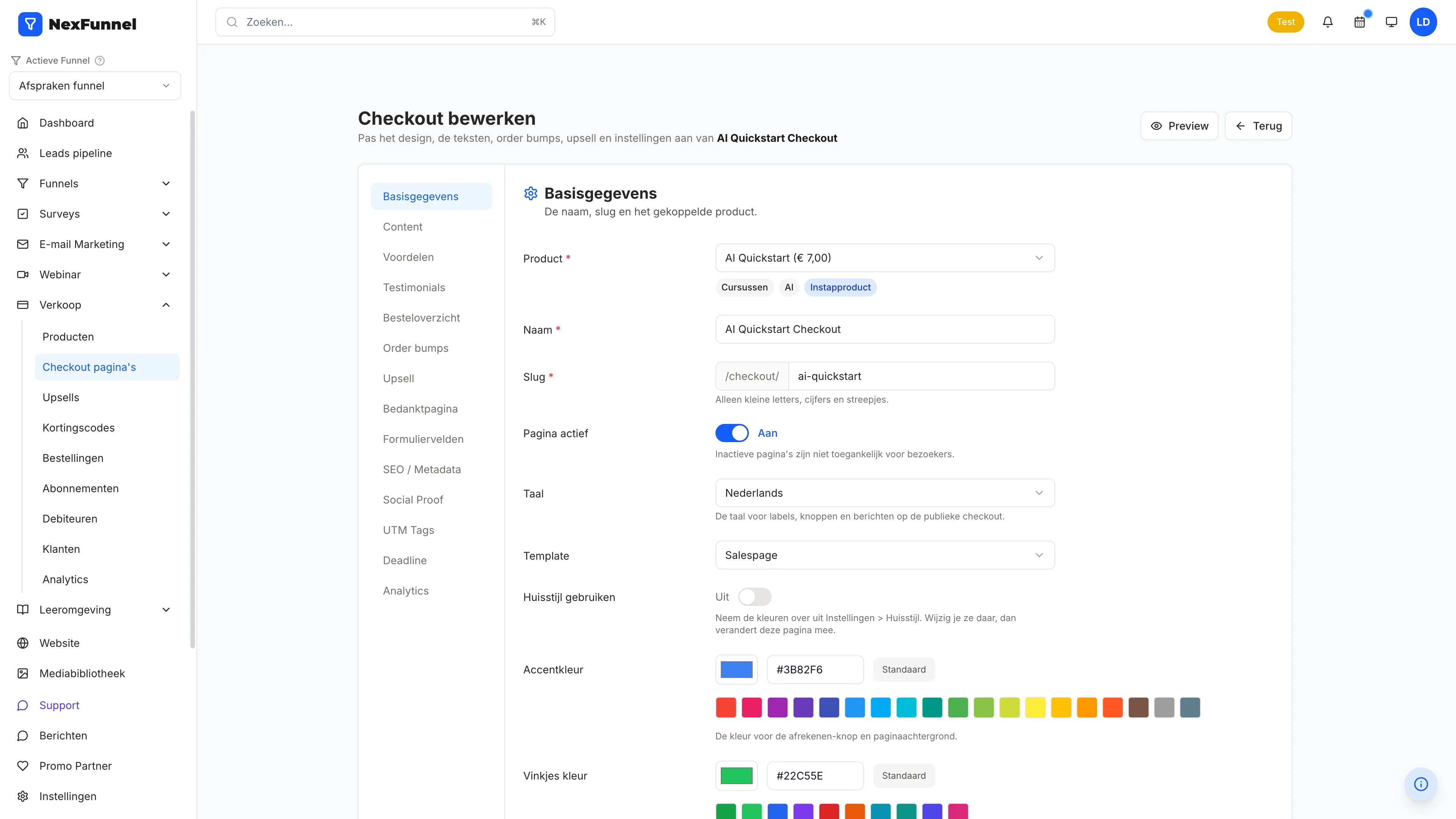 NexFunnel: de instellingen van een checkoutpagina met product, taal en template