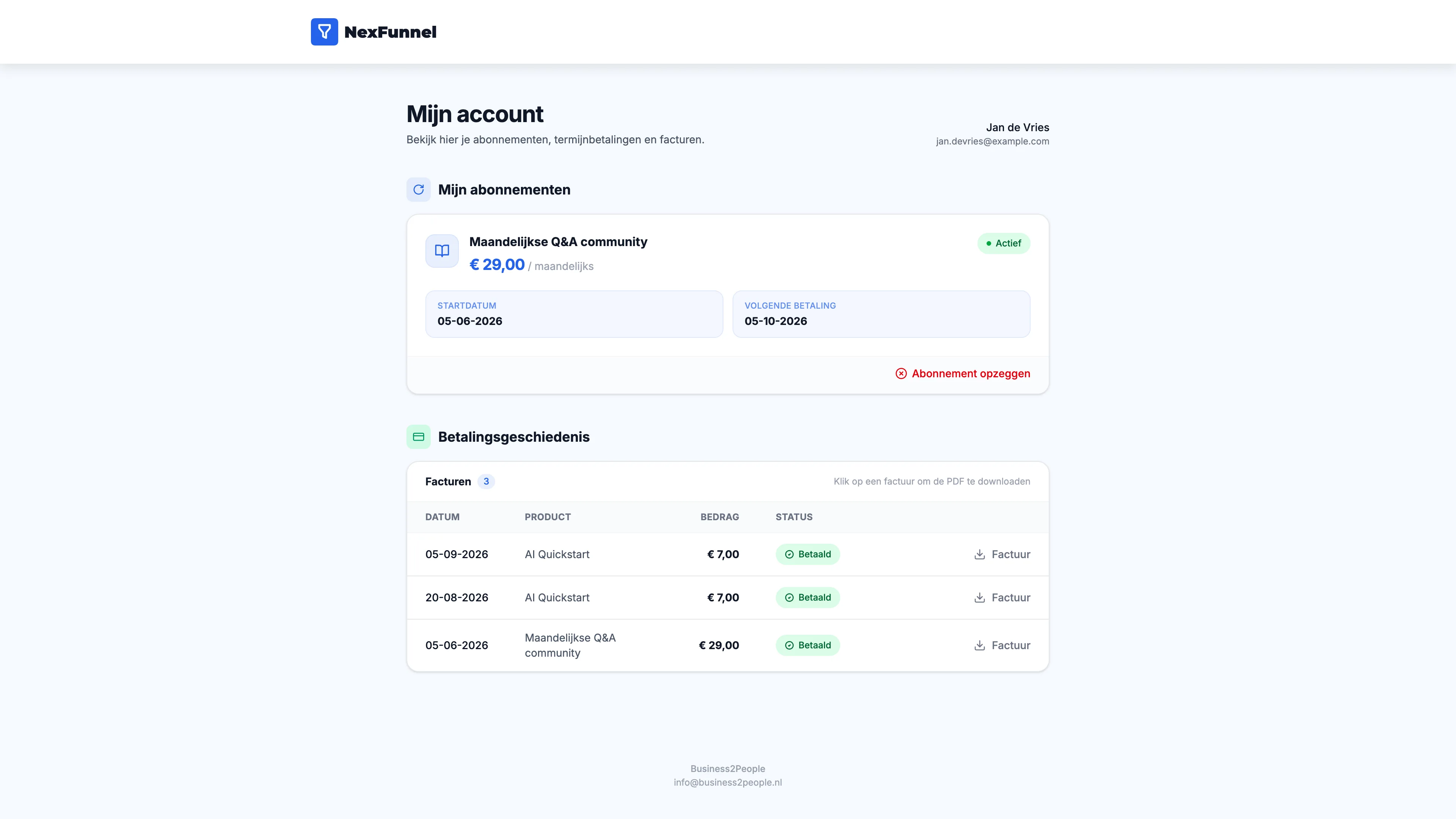 Het klantportaal van NexFunnel: een lopend abonnement met opzegknop en een lijst facturen om te downloaden