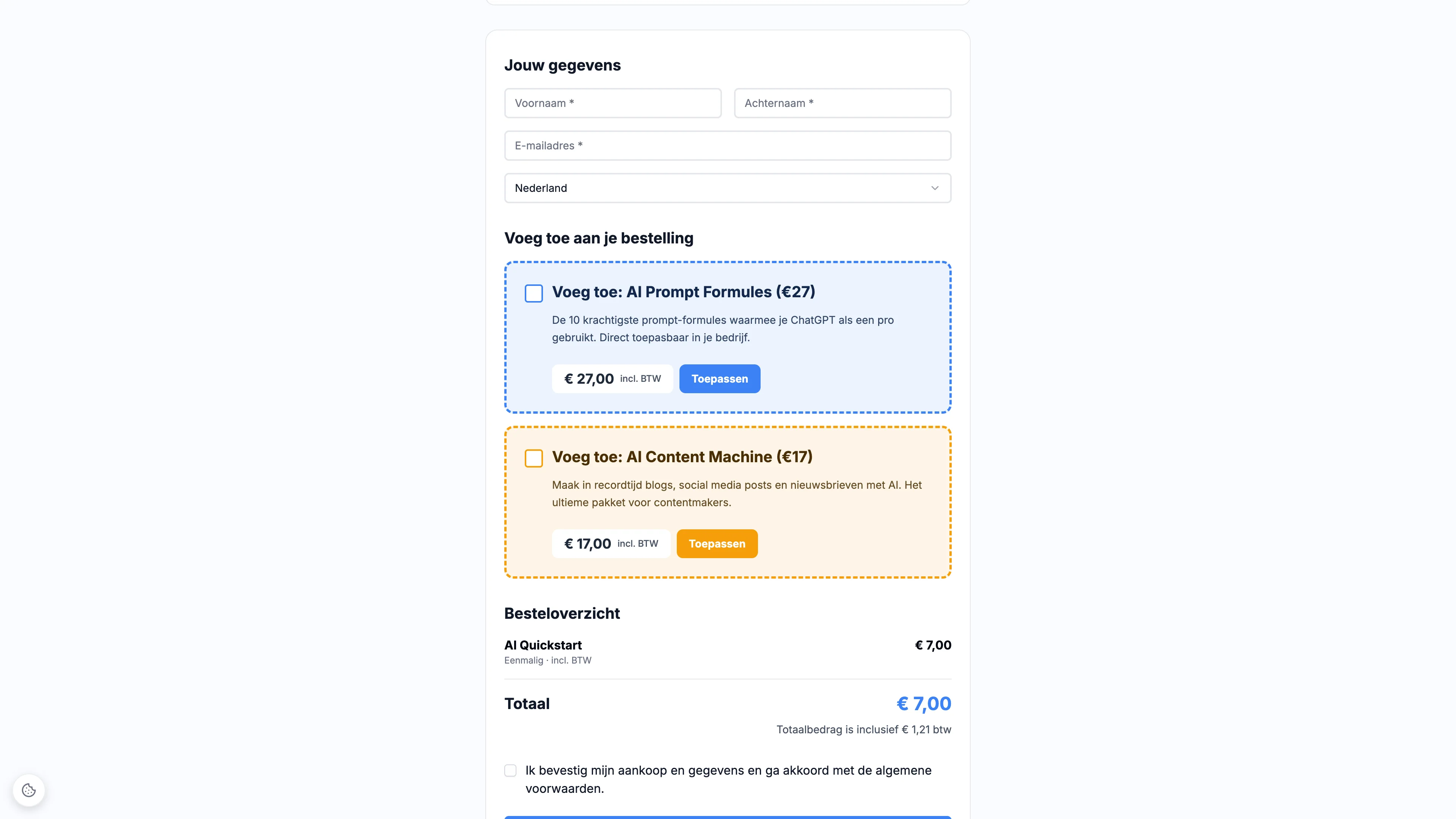 NexFunnel checkout: gegevens, twee order bumps en het besteloverzicht