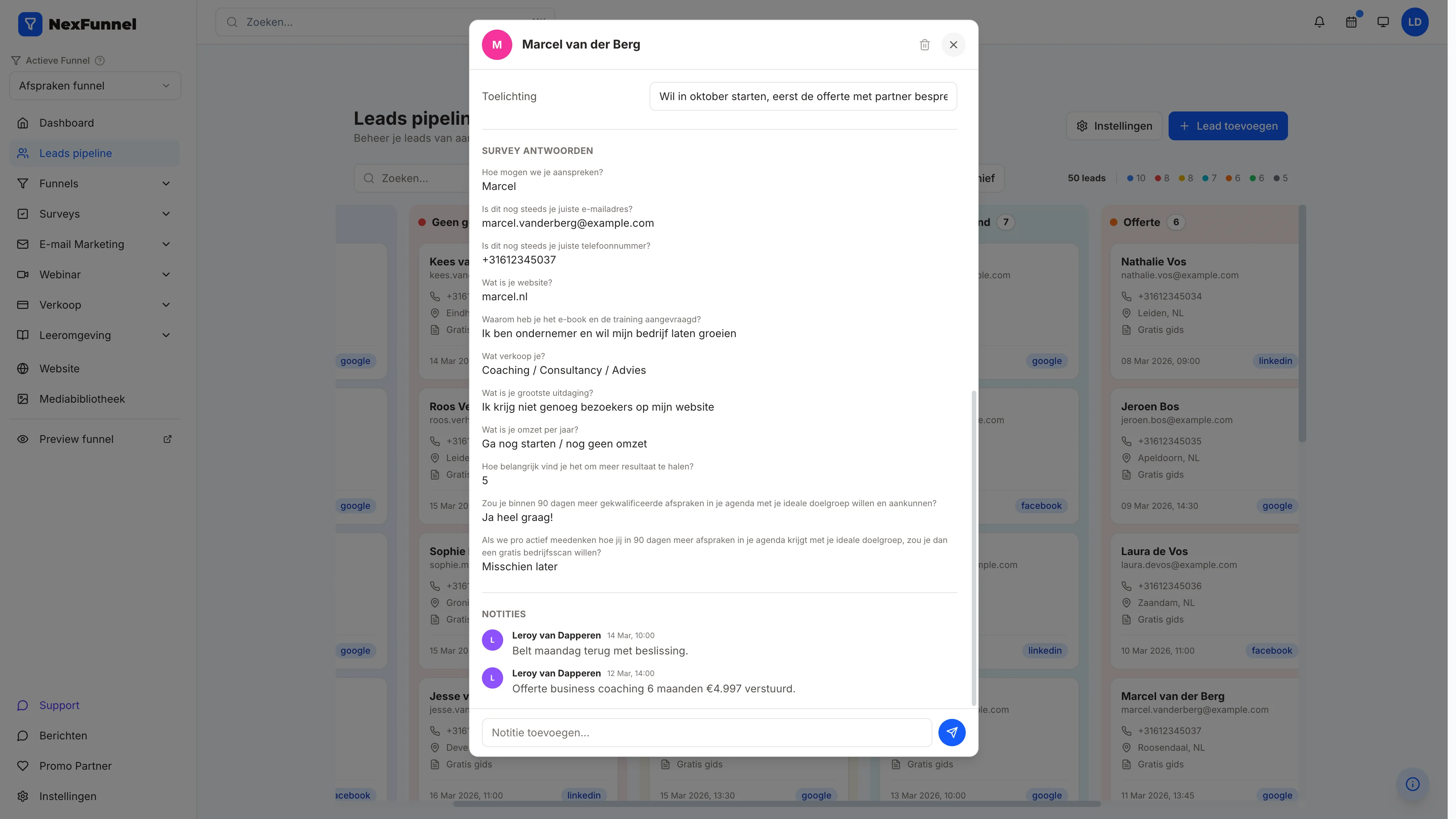 NexFunnel: een lead met de antwoorden uit de survey en notities met datum