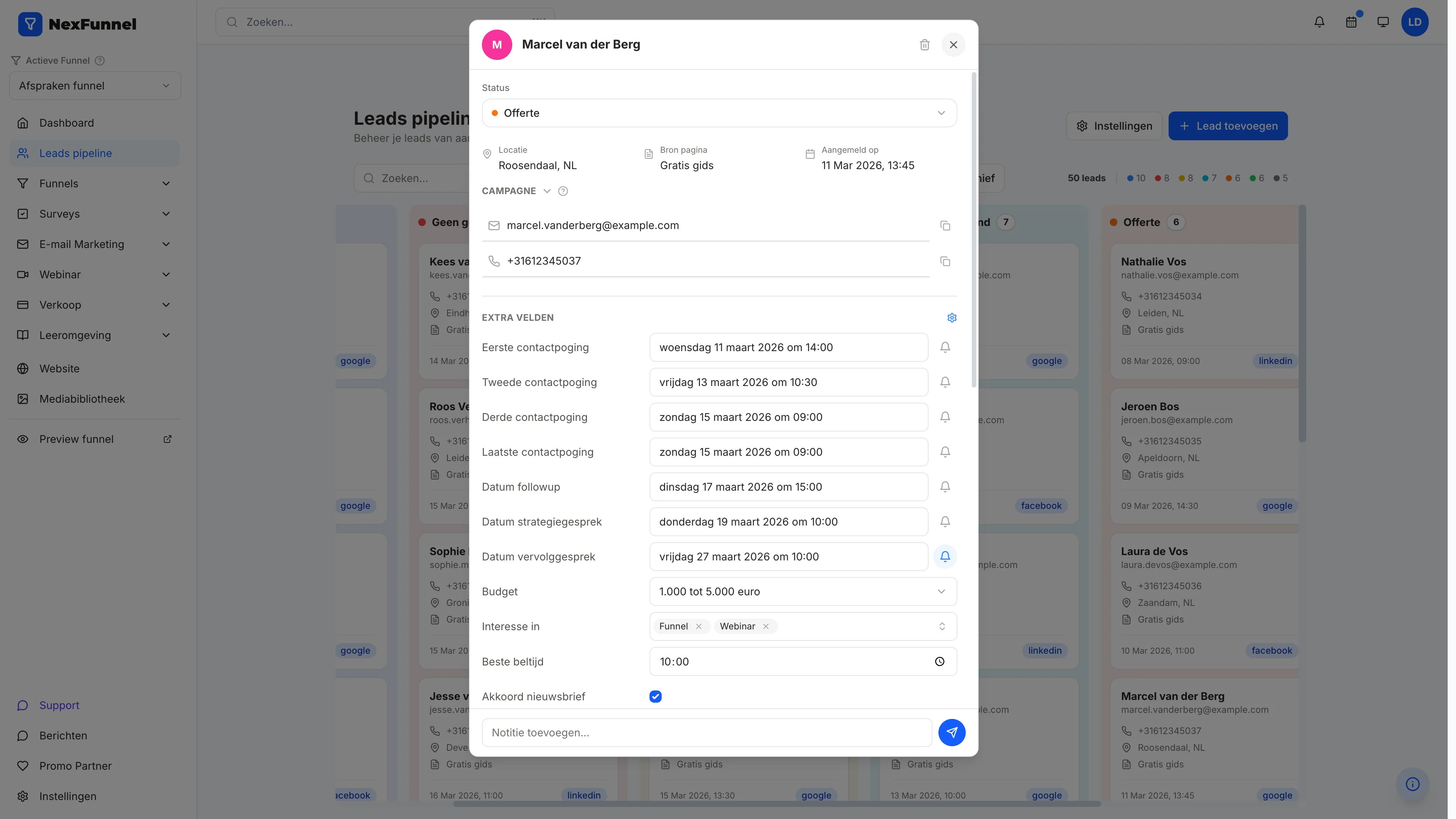 NexFunnel: een lead met de extra velden budget, interesse, beste beltijd en akkoord nieuwsbrief ingevuld