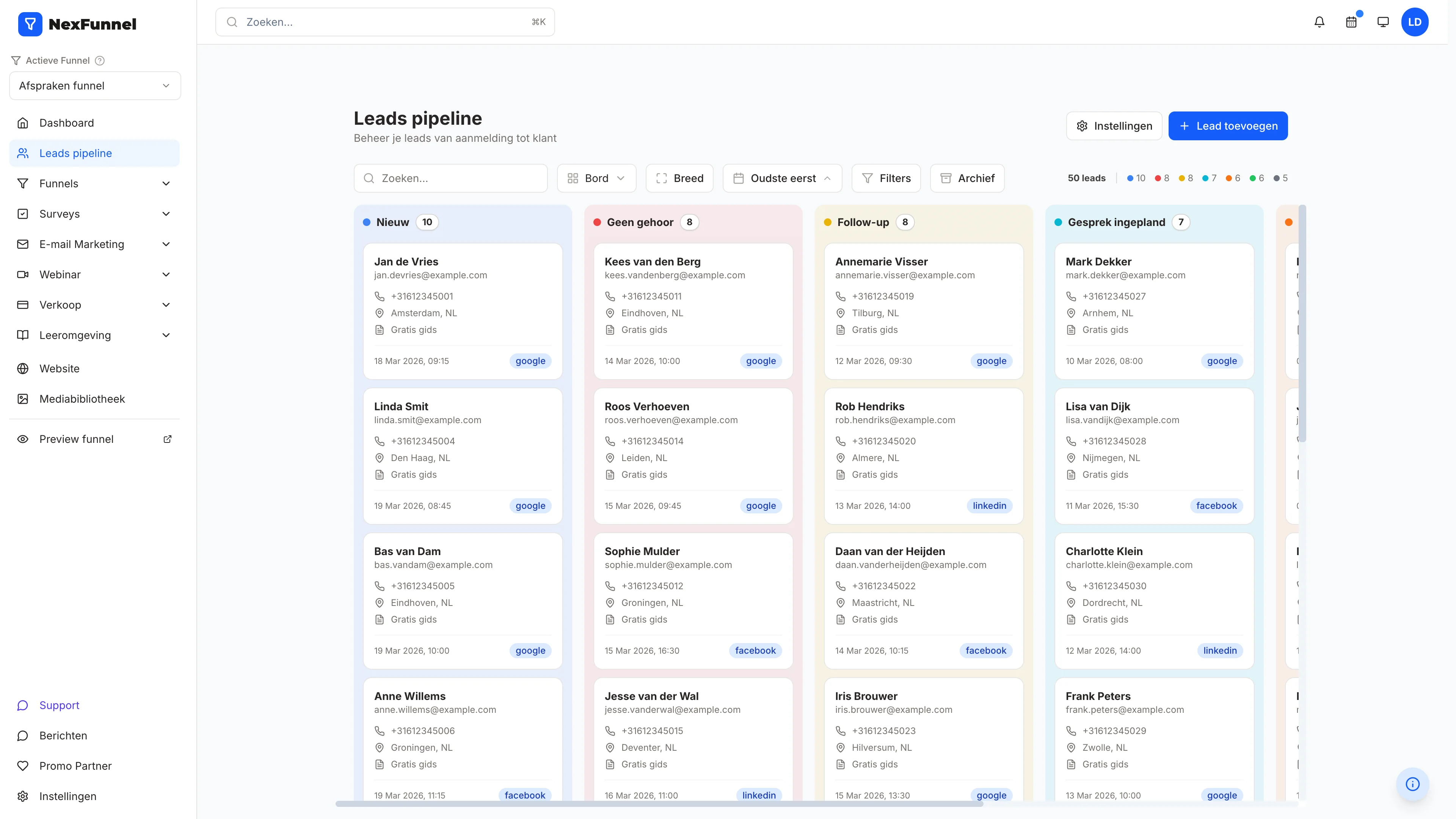 NexFunnel leads pipeline: kolommen per status met leads