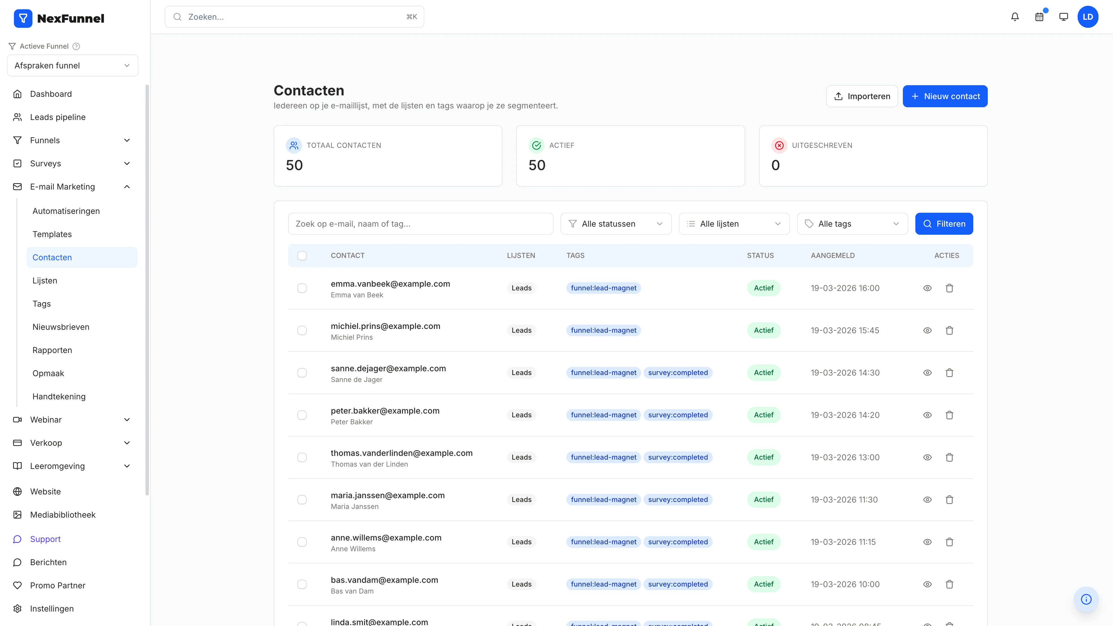 NexFunnel: de contactenlijst met per contact de lijst, tags, status en aanmelddatum