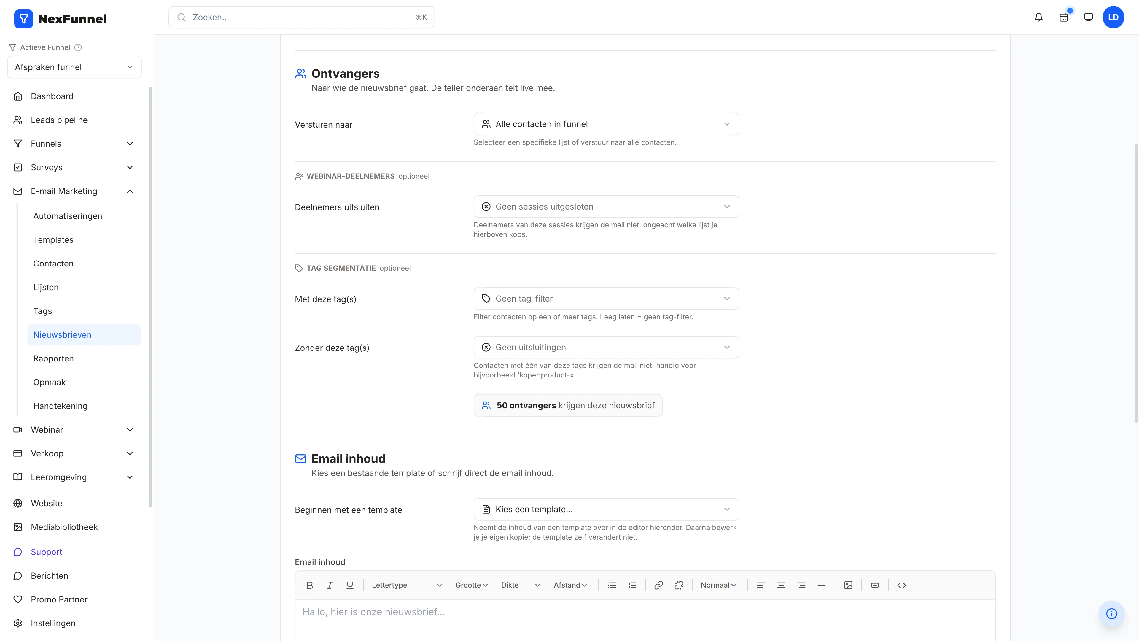 NexFunnel: een nieuwe nieuwsbrief met de keuze van ontvangers, webinardeelnemers uitsluiten, tags en een teller die meetelt