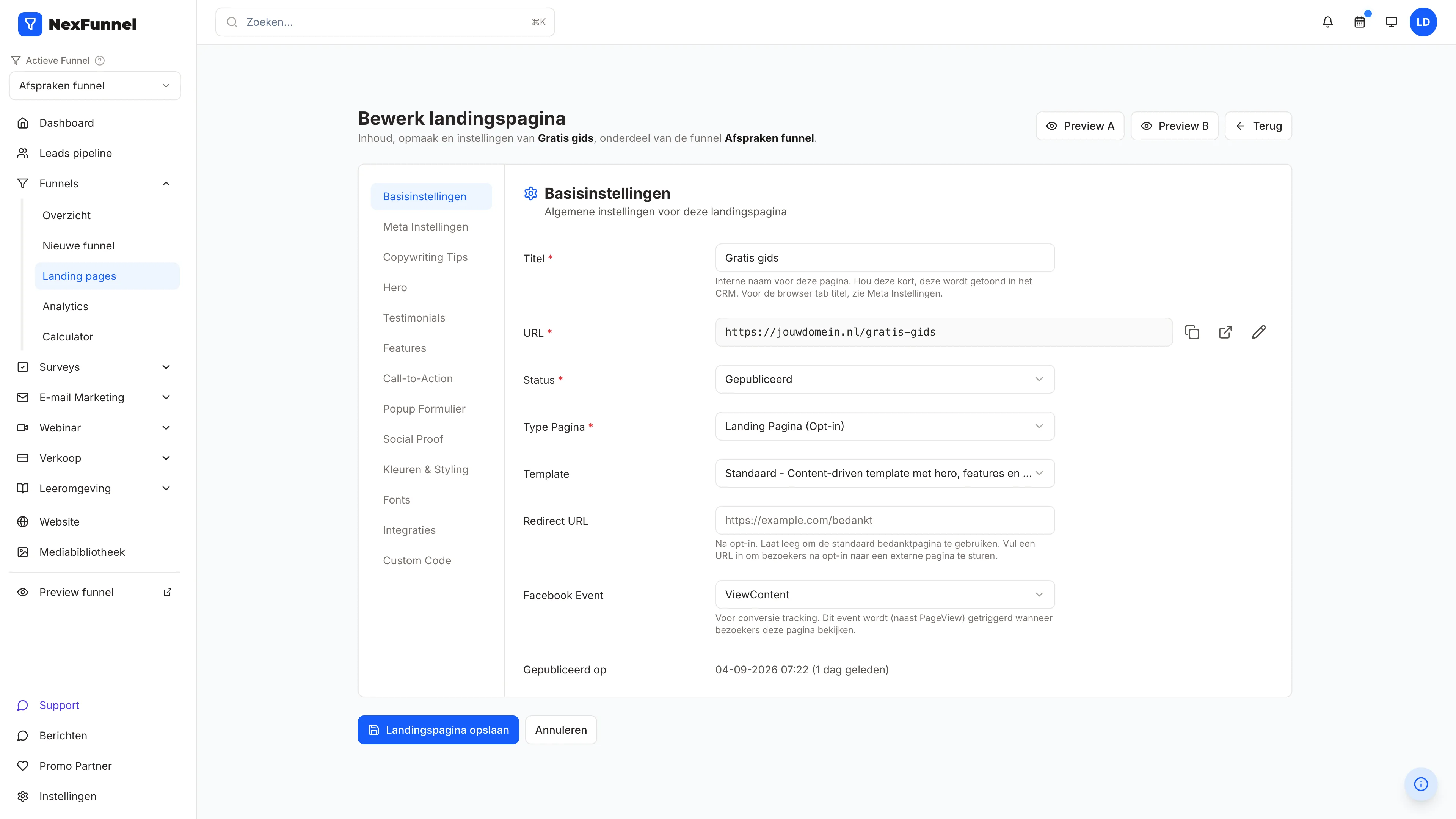 NexFunnel funnel-editor: instellingen van de landingspagina Gratis gids