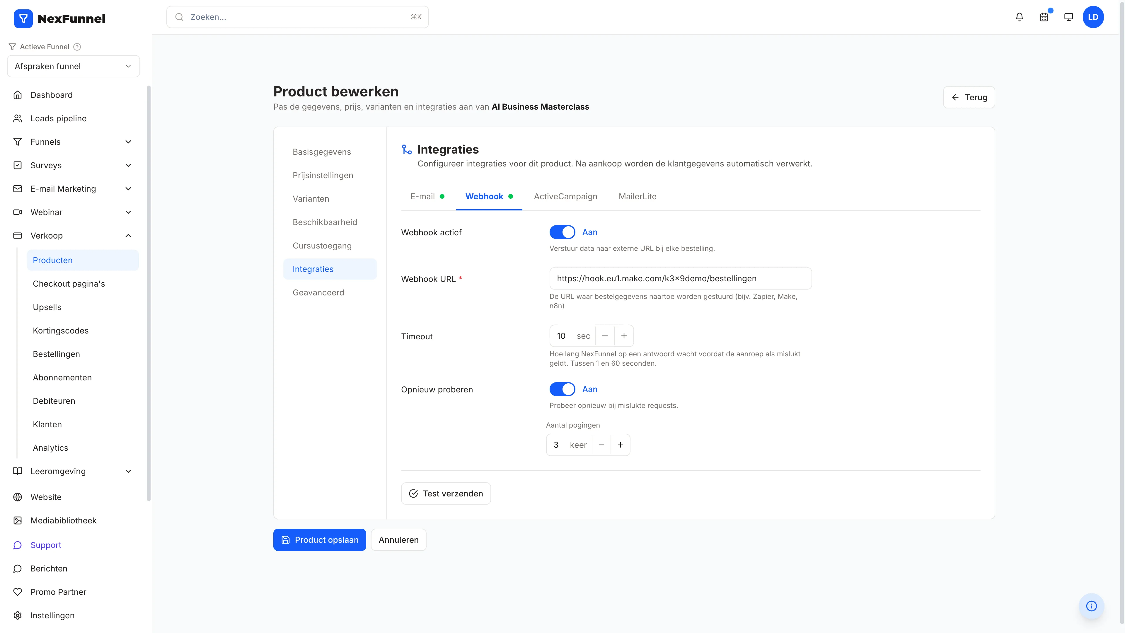 NexFunnel: de webhook bij een product met adres, wachttijd, opnieuw proberen en een testknop