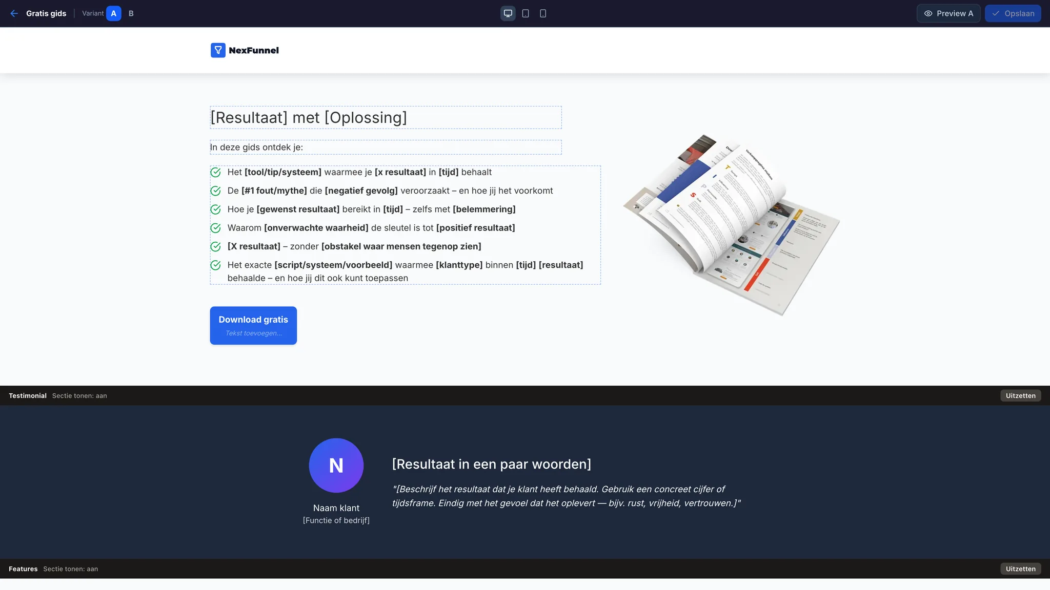 NexFunnel: de visuele editor van een landingspagina