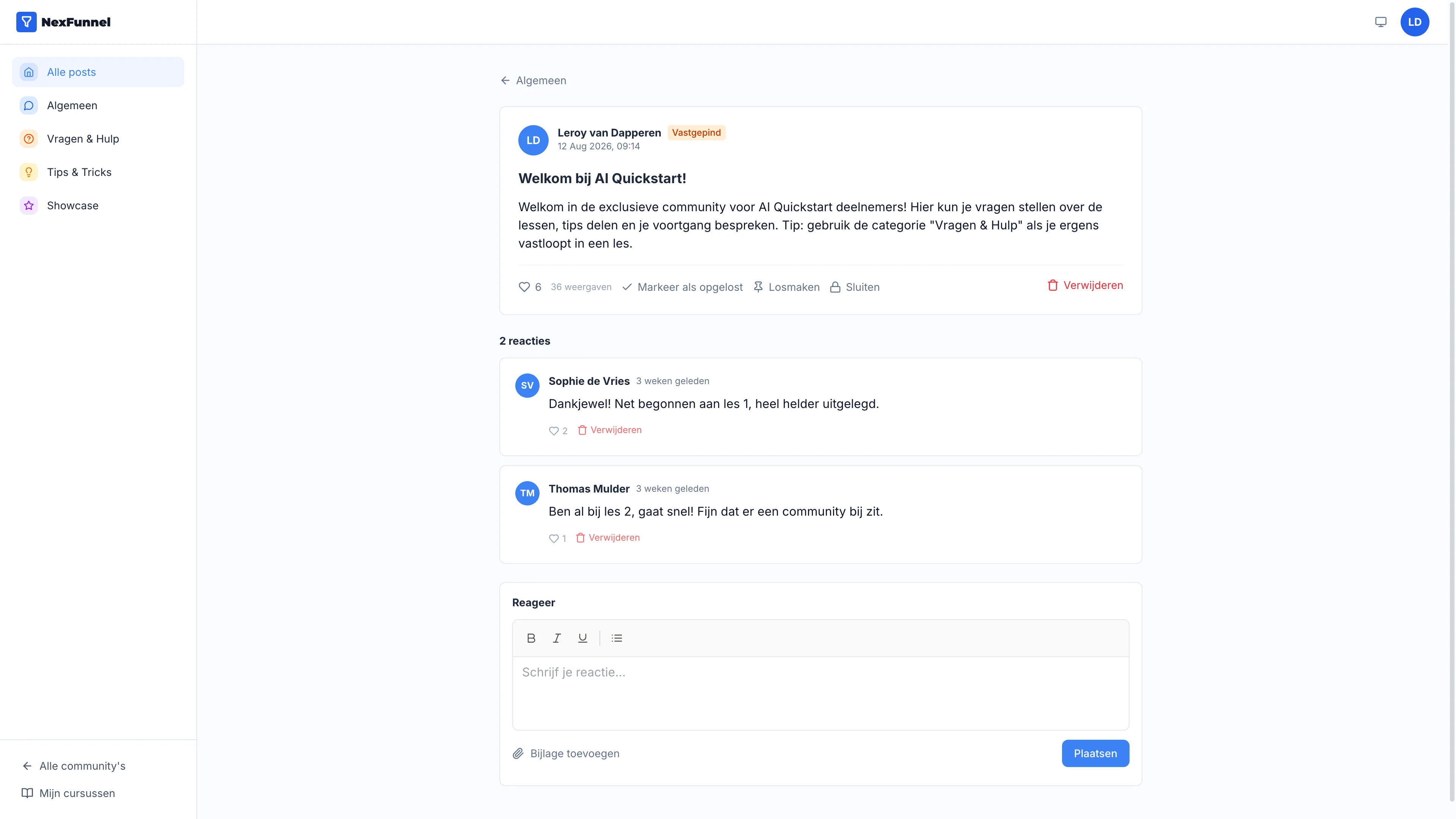 NexFunnel: een vastgepind bericht in de community met twee reacties en de knoppen om het als opgelost te markeren, los te maken of te sluiten