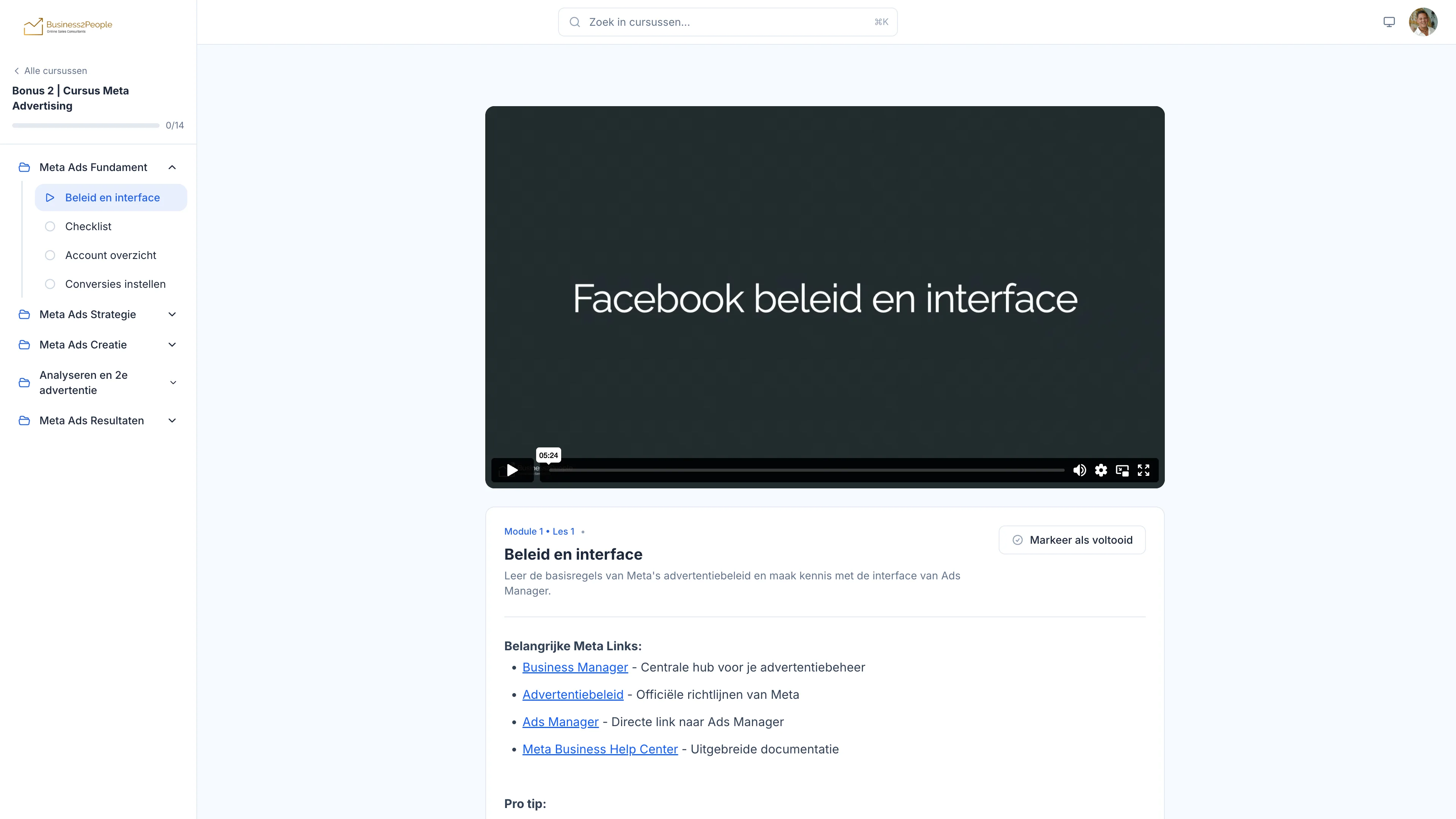De Meta Ads cursus in de leeromgeving van NexFunnel, met de modules van fundament tot resultaten