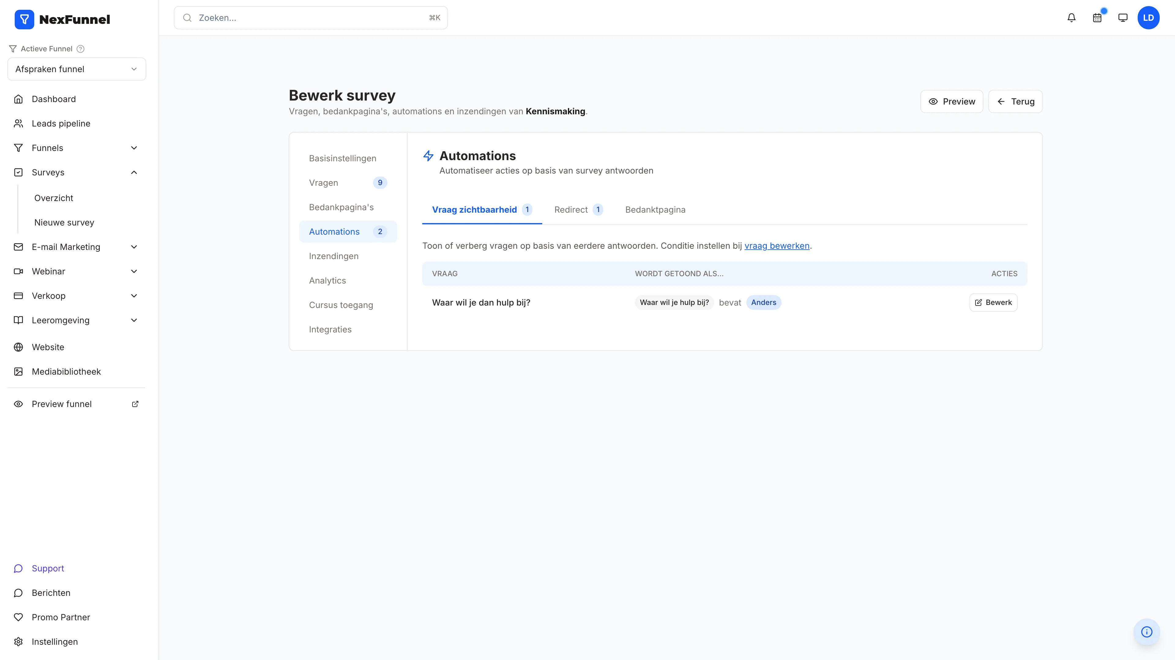 NexFunnel: de automations van een survey, met een vraag die alleen verschijnt bij het antwoord Anders