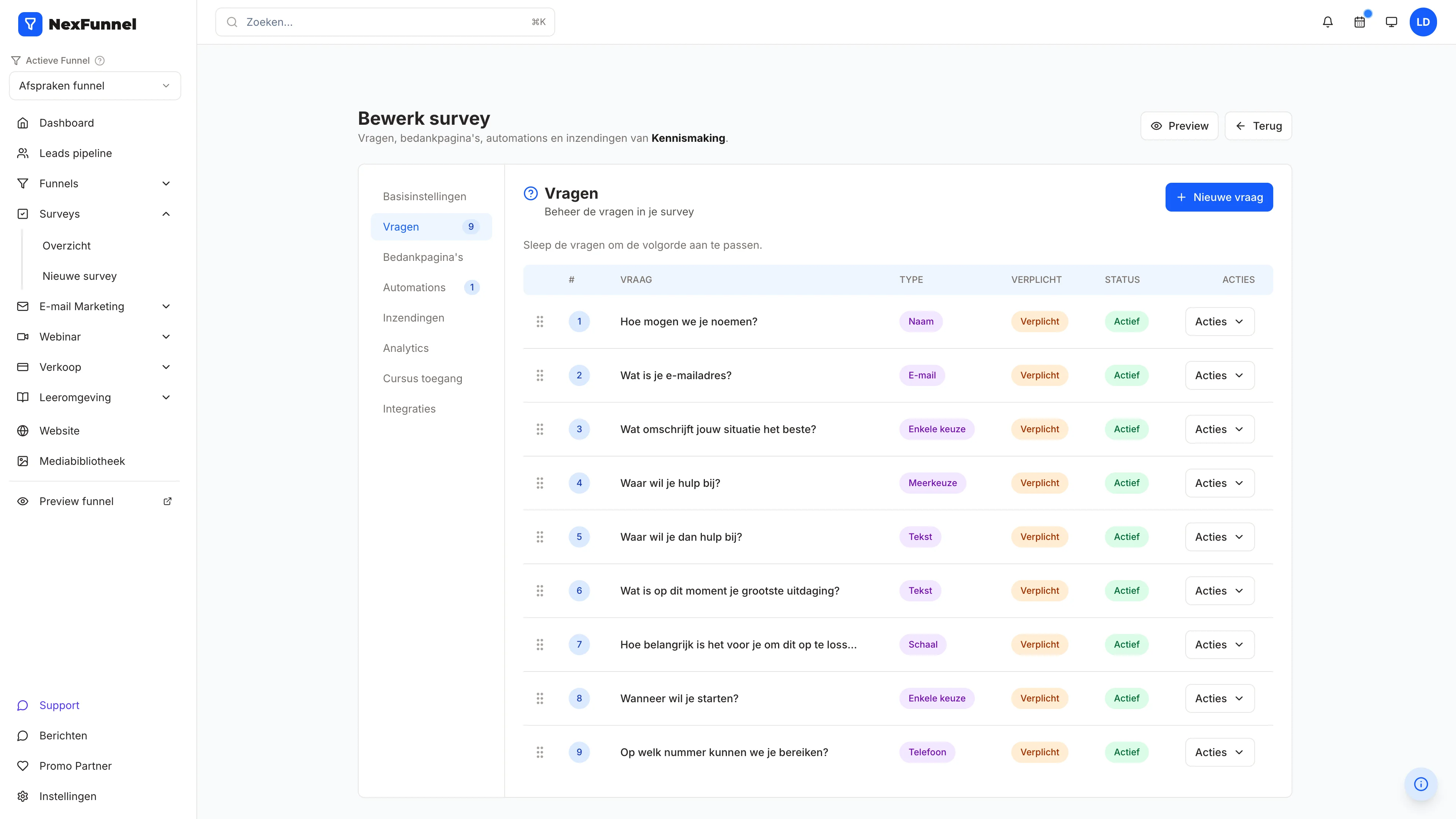 NexFunnel: de negen vragen van de survey Kennismaking met per vraag het type