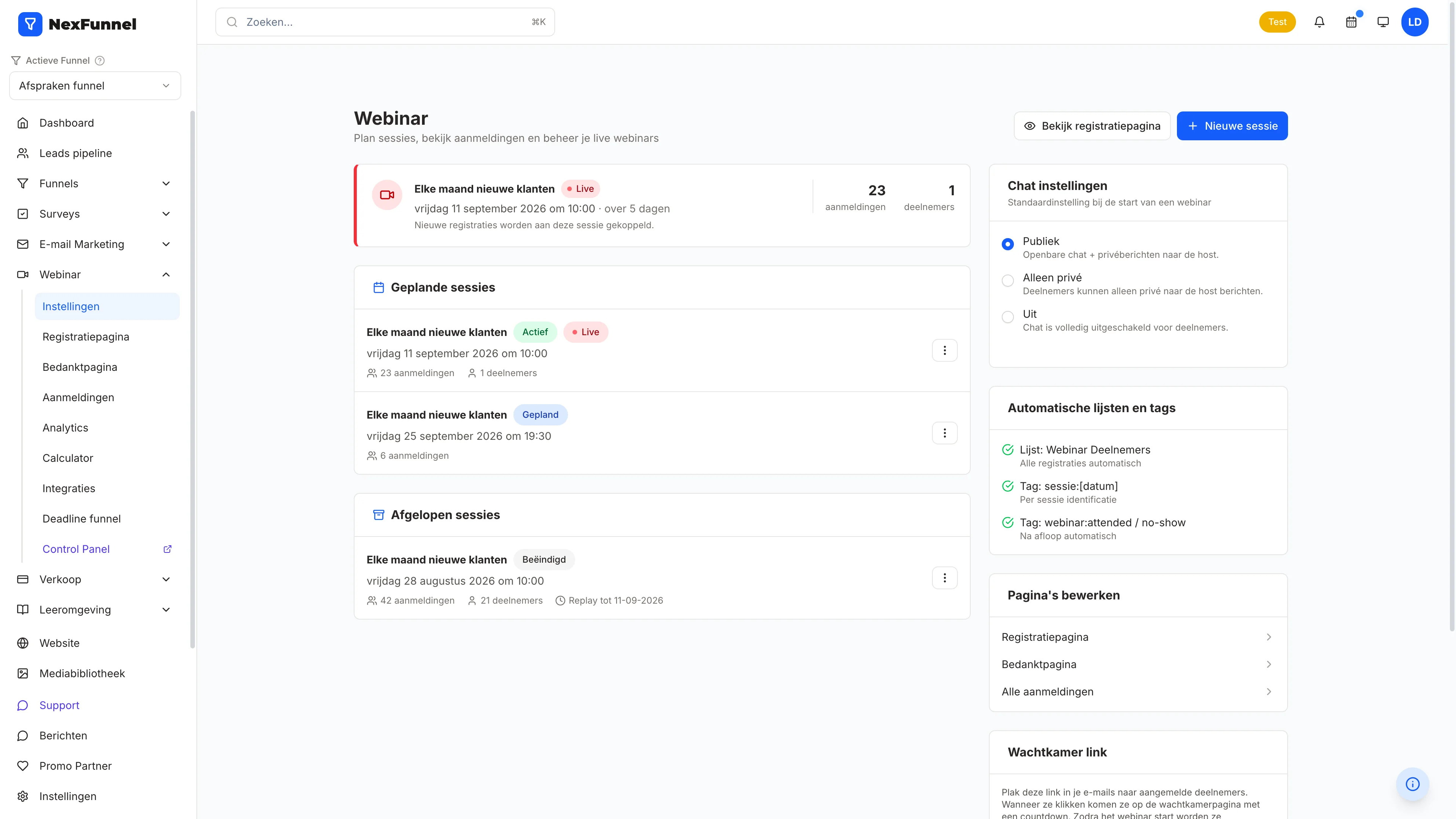NexFunnel: het webinaroverzicht met geplande en afgelopen sessies, aanmeldingen, deelnemers en de replay tot een einddatum
