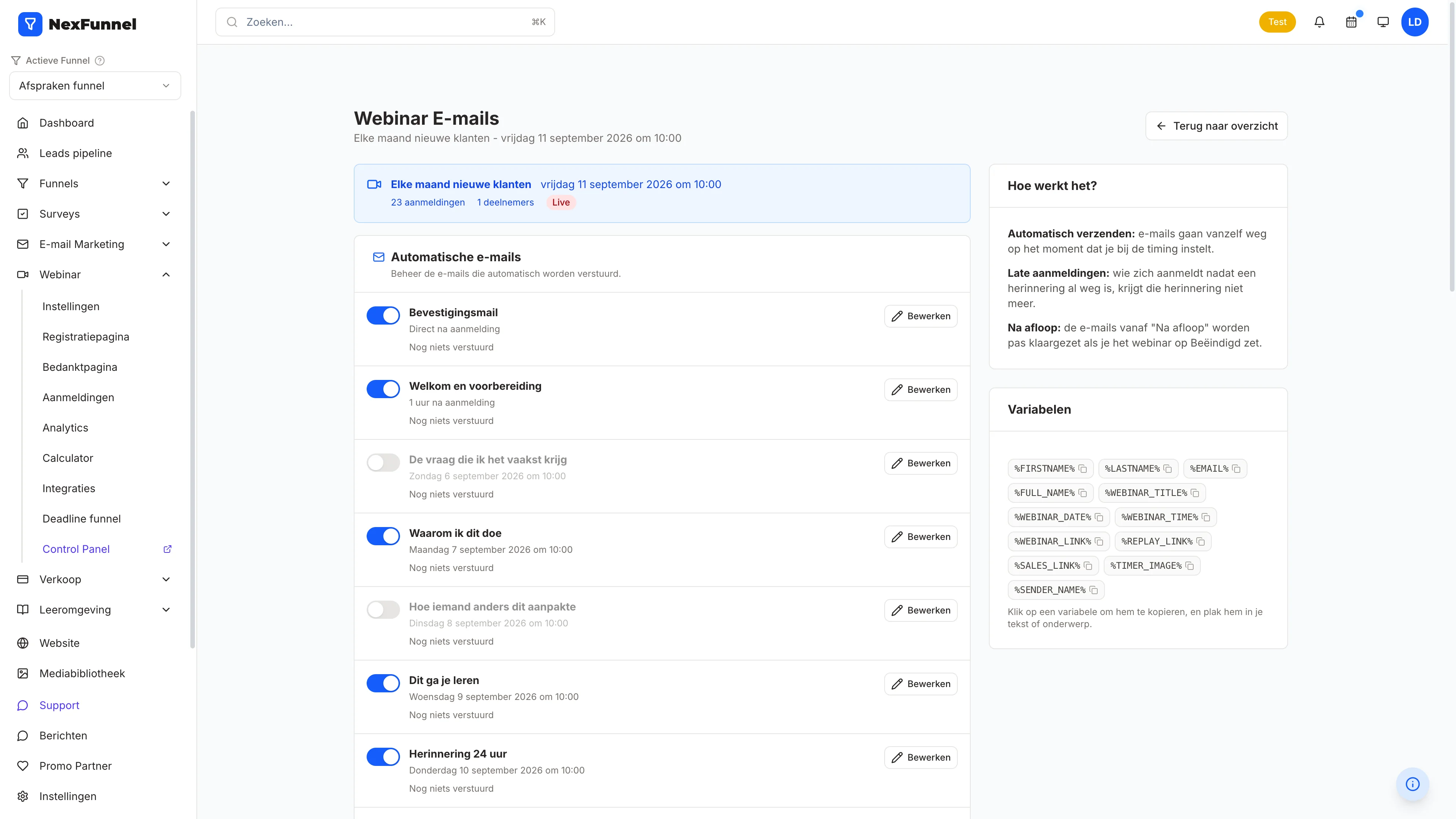 NexFunnel: de automatische mails van een webinarsessie, per mail een schakelaar, het tijdstip en wat er al verstuurd is