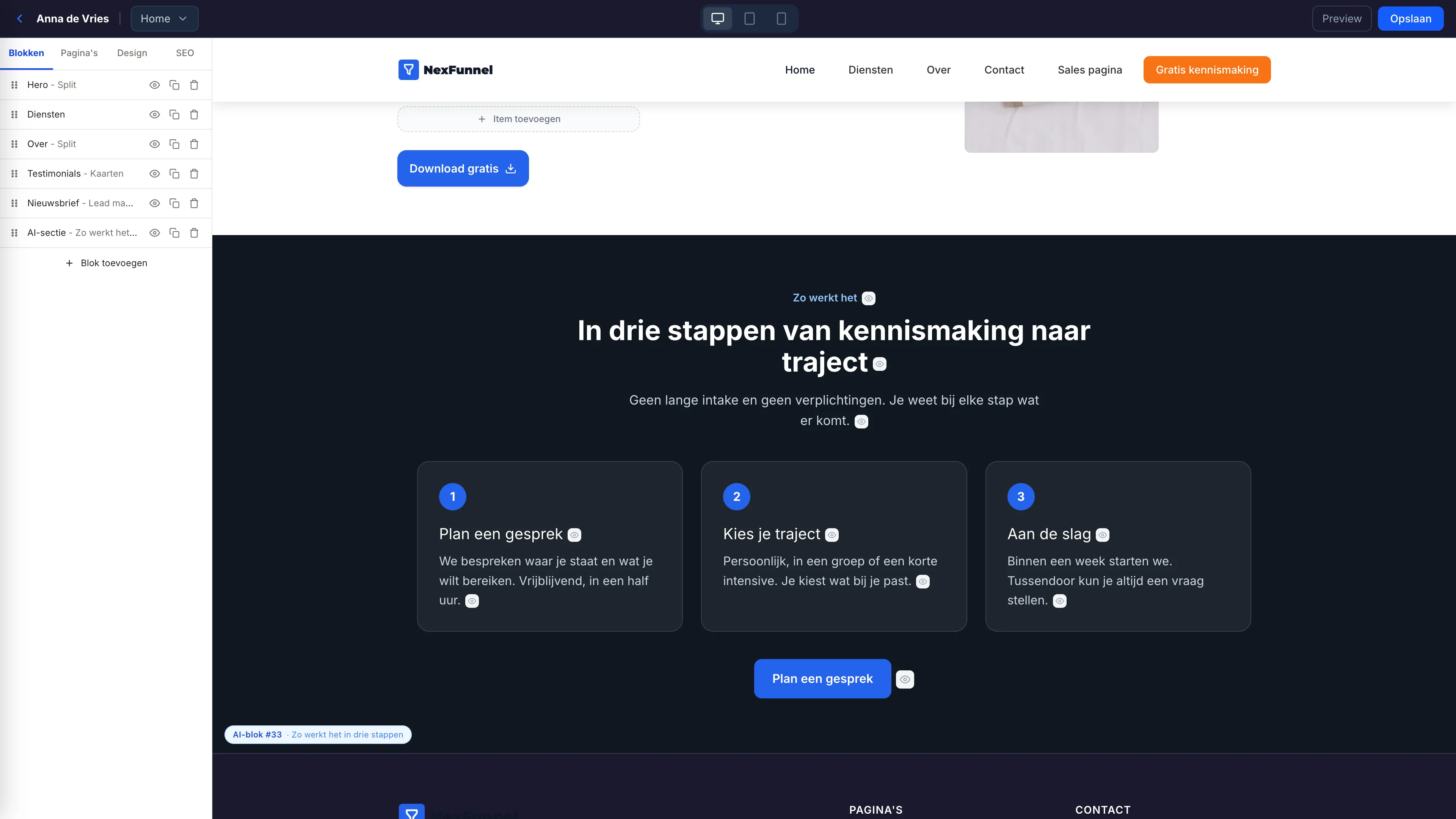 NexFunnel website builder: een door AI ontworpen sectie met drie stappen, in de editor