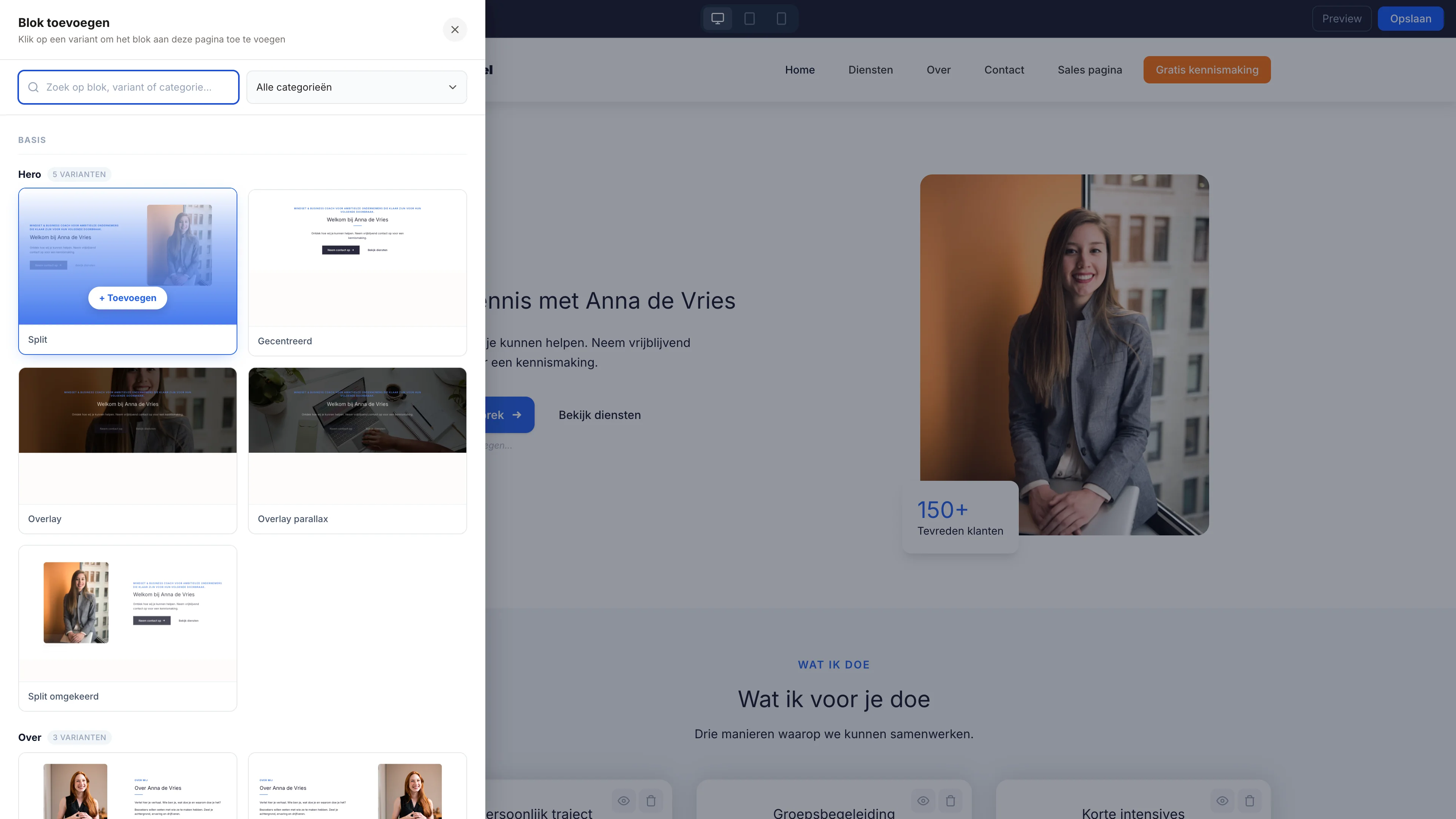 NexFunnel website builder: het venster Blok toevoegen met bloktypes en varianten