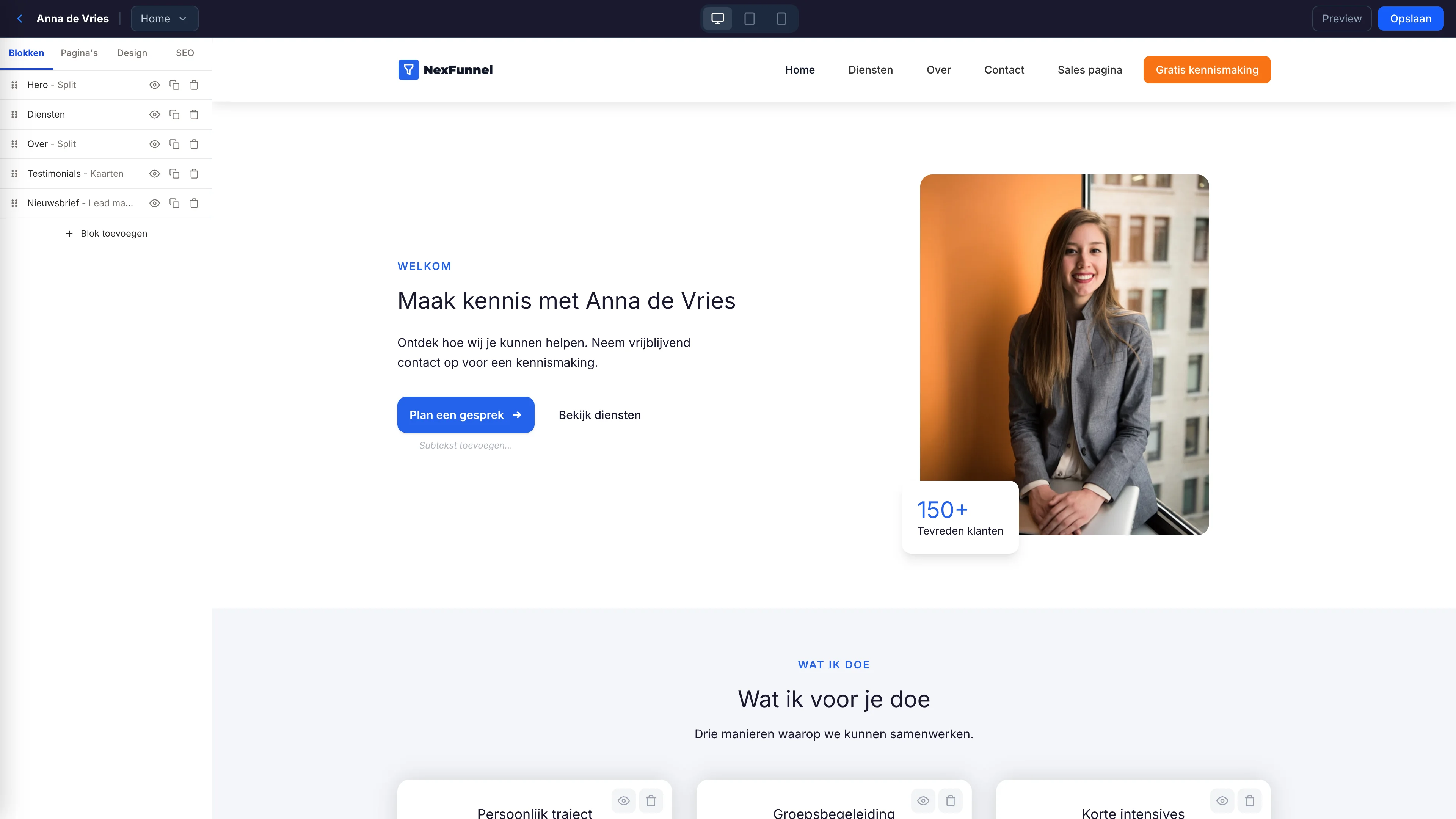 NexFunnel website builder: een homepage opgebouwd uit blokken