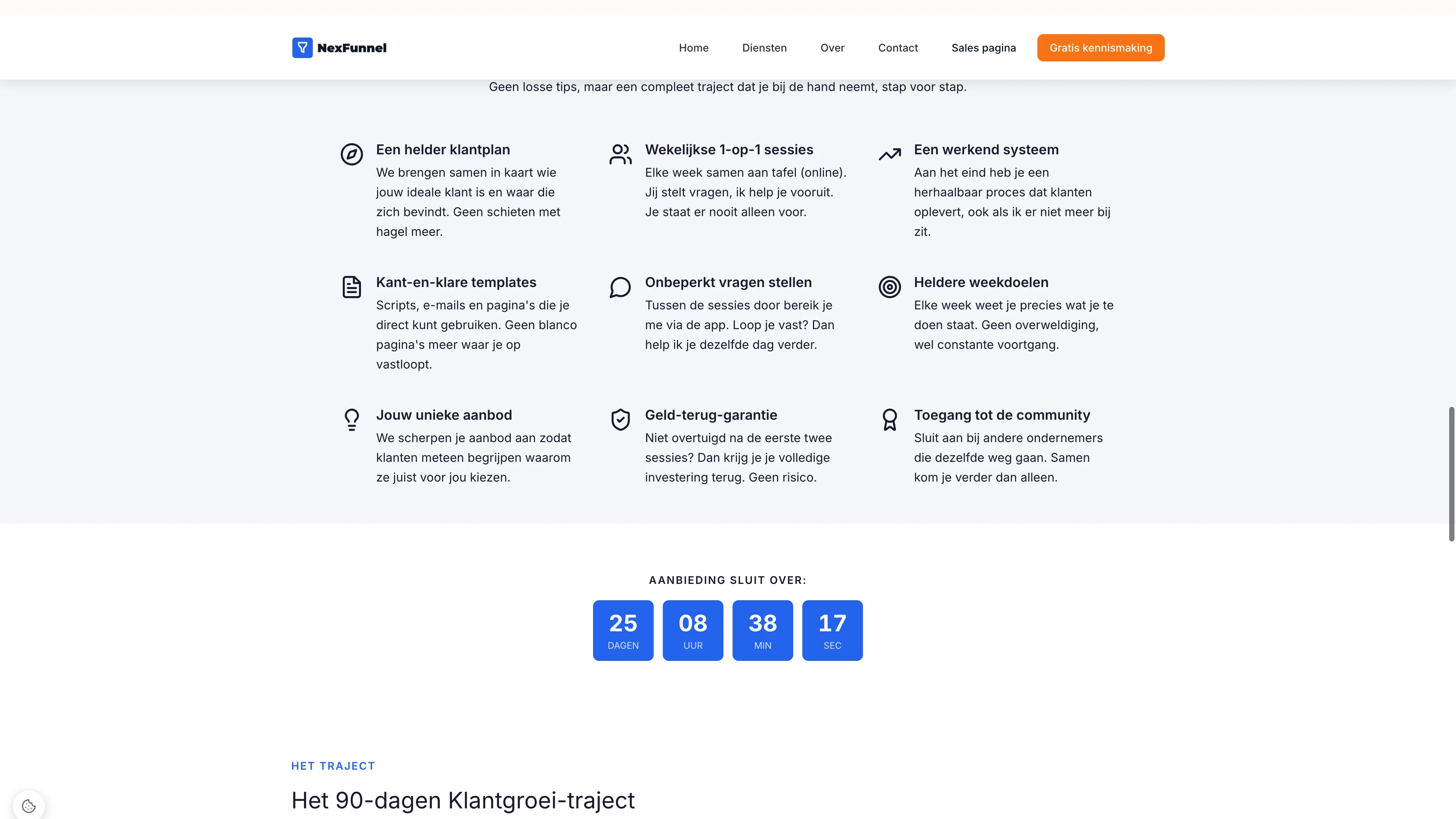 NexFunnel website: een countdownblok dat aftelt naar een deadline, boven het aanbod